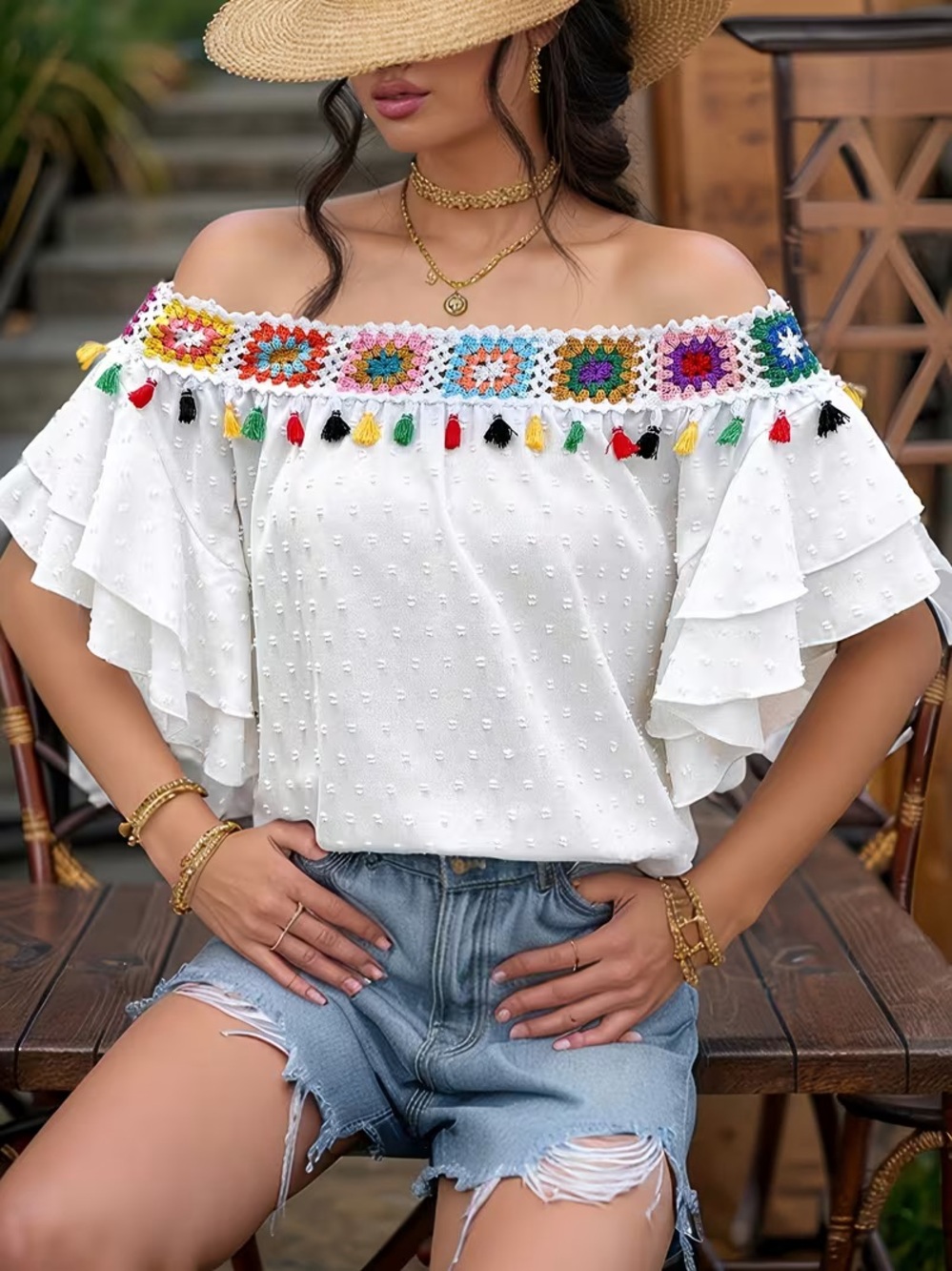 Boho Off-Shoulder White Crochet Tassel Top